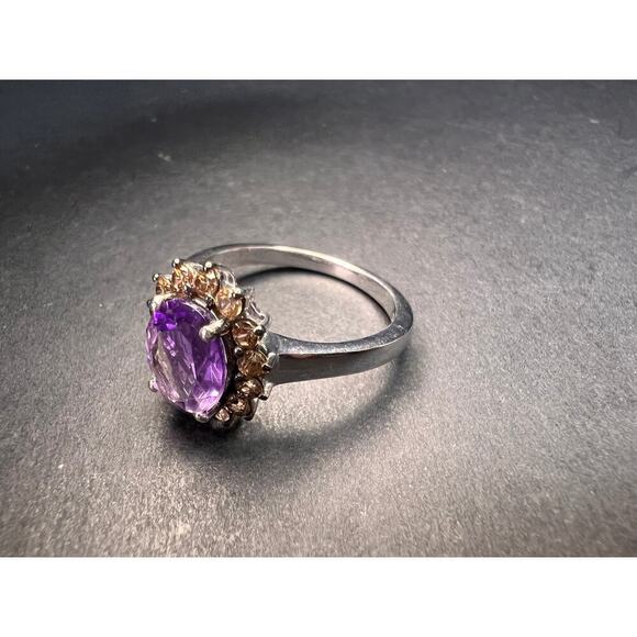 NEW Amethyst and brown zircon halo ring in platinum over sterling silver size 8 - Picture 14 of 16